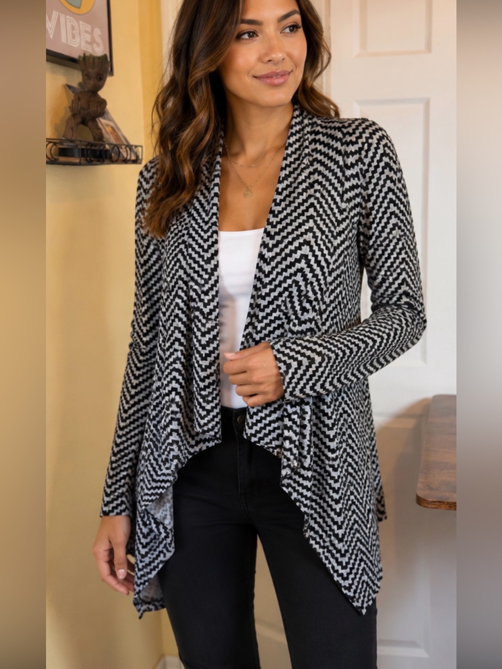 The Limited Open Front Black & White Chevron Draped Cardigan Black Waterfall LG